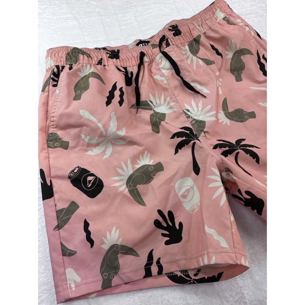 Reef Men's Swim Trunks - Toucan & Beer Can Tropical Print - Lined-Large-Pink